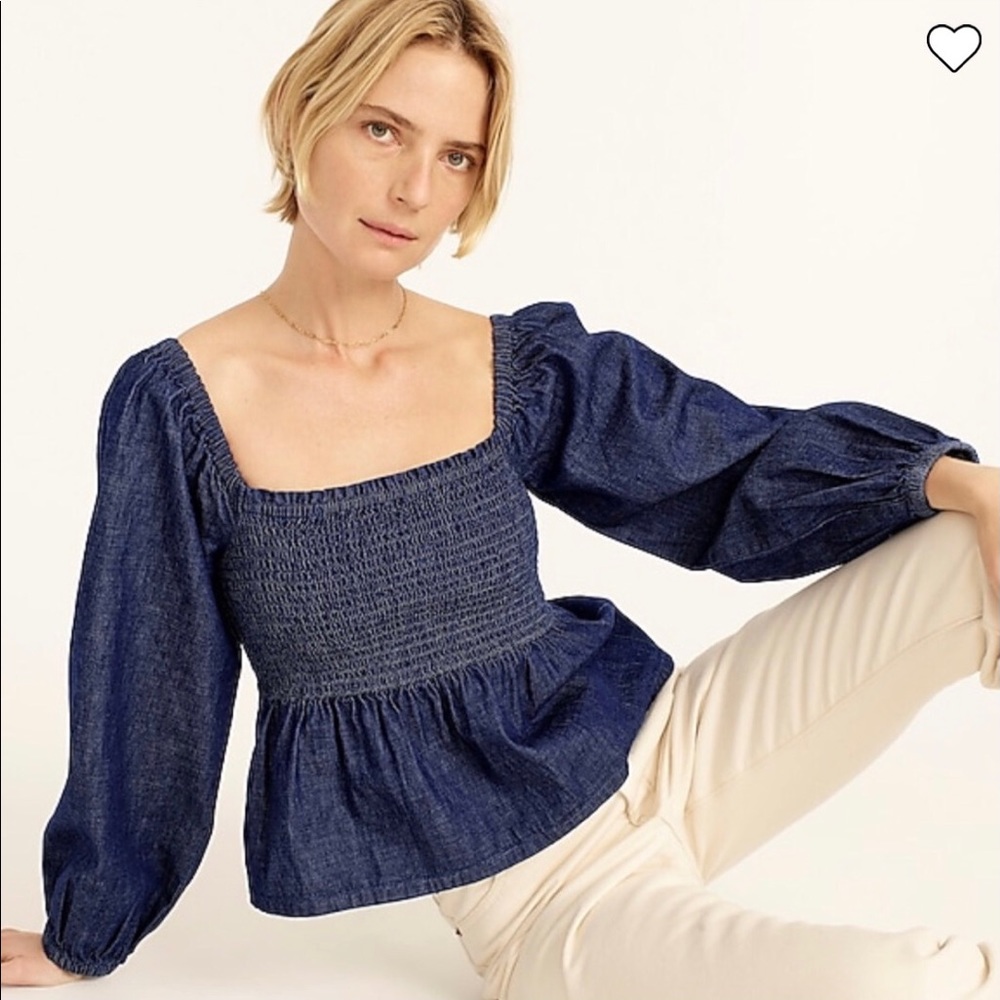 NWT J. Crew Puff Sleeved Chambray Smocked Top in Birch Wash
